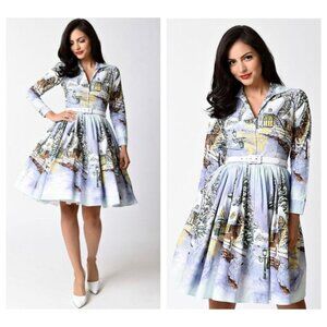 Bernie Dexter Winter Theme All Over Print Long Sleeve Midi Dress M